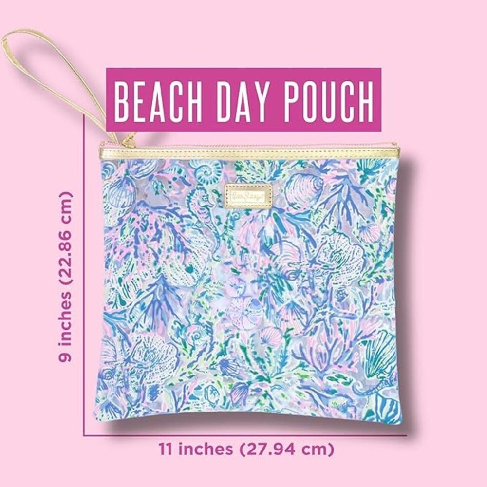 Lilly Pulitzer Blue Floral Hidden Lion Mug Beach Day Koozie Clear Pouch Set - Picture 6 of 10